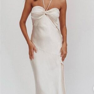 Selfie Leslie Cream Strapless Satin Twist-Front Slip Dress
